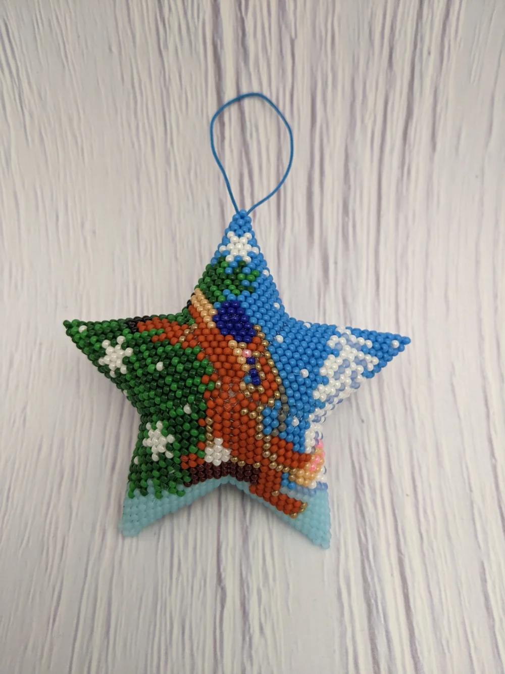 Handmade Blue Beaded Star Holiday Ornament - Cute Bunny Design